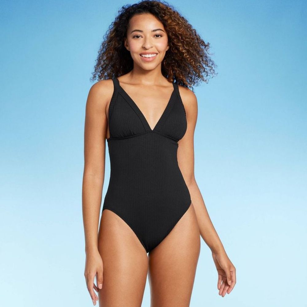 Women's Ribbed Triangle One Piece Swimsuit - Shade & Shore Black XL
